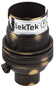 ElekTek Unswitched Lamp Holder B22 BC Bayonet Cap with Shade Ring 10mm/M10 x1 Threaded Bottom Entry - Made in UK - Brushed Antique