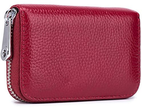 Meowoo Credit Card Holder RFID Blocking Genuine Leather Mini Credit Card Wallet Purse with Zipper for Women Men(Redwine)