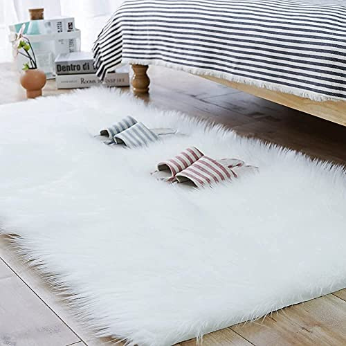 HEQUN Faux Fur Sheepskin Style Rug Faux Fleece Chair Cover Seat Pad Soft Fluffy Shaggy Area Rugs For Living Room Bedroom Sofa Floor(White,Rectangle 80 X 180 CM)