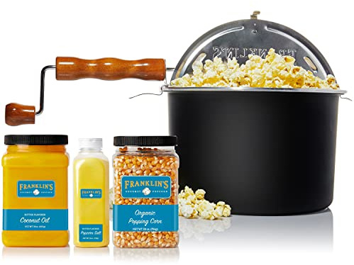 Franklin's Gourmet Popcorn - Movie Night Bundles - Whirley Popper, 28 oz. Organic Corn Kernels, 19 oz. Butter Flavored Salt, 30 oz. Butter Flavored Coconut Oil