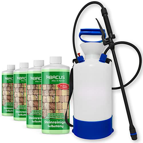 ABACUS® Steinreiniger Set, selbsttätiger Algenentferner & Flechtenentferner, 40% Wirkstoff, gegen Flechten & Algen auf Pflastersteinen – Steinreiniger 4x 1000 ml inkl. Drucksprüher (7817.4)