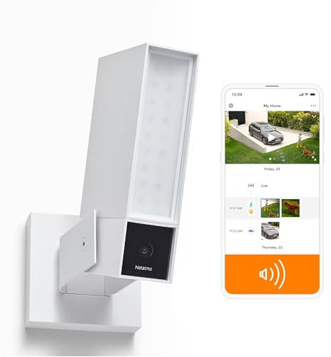 Netatmo Smart Überwachungskamera Aussen mit 105dB Alarm, WLAN, integrierte Beleuchtung, Bewegungserkennung, Nachtsicht, ohne Abonnement, Weiß NOC-S-W-UK