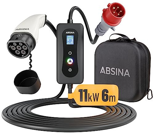 ABSINA CEE Ladekabel Typ 2 mit Einstellbarer Ladeleistung - Mobile Ladestation Elektroauto bis 11kW & 16A, 3 phasig, 6 m Kabel - ICCB Ladekabel Ladeziegel für i3, e-Up, ID.3, ID.4, Zoe, fortwo, Kona