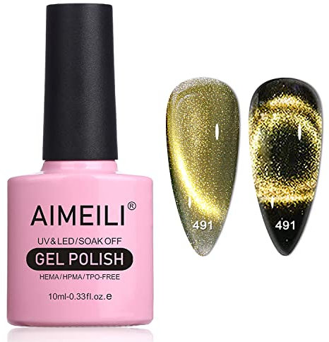 AIMEILI Magnetic Gel Nail Polish 9D Cat Magnet Eye Gel Polish Yellow, UV LED Soak Off Glitter Gel Nail Varnish Nail Art Manicure Pedicure, Long Lasting & Easy to Apply - (491) 10ml
