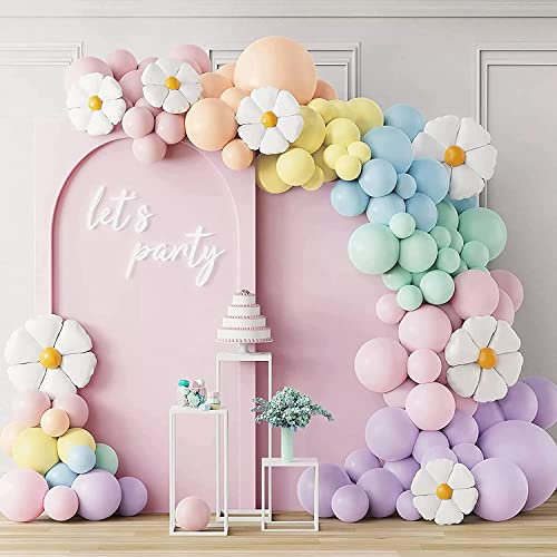 Luftballon Girlande bunt,Pastell Ballon Girlande mit Gänseblümchen Folienballons Macaron Regenbogen für Geburtstagsdeko Mädchen, Baby Shower Deko, Babyparty Deko Mädchen, Hochzeit