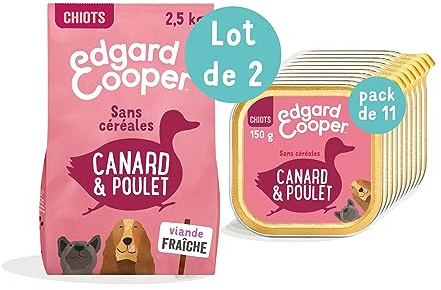 Edgard & Cooper Croquettes Chiot Chien Junior sans Cereales Nourriture Naturelle 2.5kg Canard et Poulet Frais + Edgard & Cooper Boite Patée Chiot Chien Junior sans Cereales
