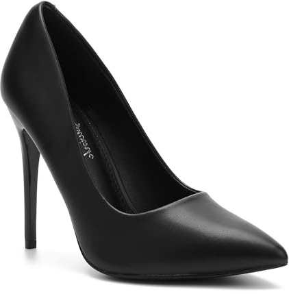 hingswink Zapatos de tacón alto para mujer de 4 pulgadas, punta cerrada, tacones de aguja para mujer, zapatos de vestir sexys para boda, Pu Negro, 37 EU