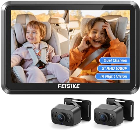 FEISIKE Espejo de Coche para bebé con Pantalla de Doble Canal 1080P de 5 Pulgadas, 2 cámaras de visión Nocturna IR para Asiento Trasero, visión Amplia cristalina, fácil de Instalar