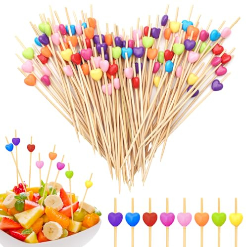 Paquete de 100 palos de cóctel, palillos de madera con bonita decoración, brochetas de 12 cm, comida de dedo para bar, pastel, fiesta y fiesta de cumpleaños, brocheta de frutas, decoración de cóctel