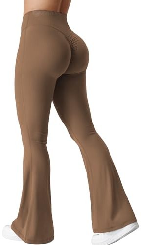 ZAAYO Leggings évasés froncés pour femmes, taille croisée en V, pantalon de yoga à jambes évasées, contrôle du ventre, coupe bootcut, leggings d'entraînement, #4 Marron., L