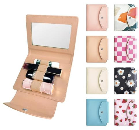 LAOTANGJIA PU Lipstick Case Holder with Mirror Holds 4pcs of Long Lipsticks,Lipstick Holder Makeup Travel Cases Organizer Bag for Outside Pouch for Gift Wome