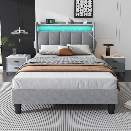 LTGB Upholstered Bed, 3ft Single Bed 90x190cm, Lower Flap Door Storage, With LED Light Strip, 4 USB Port, Durable and Sturdy, For Youth Adults & Teenagers, Velvet, Grey (90 x 190 cm)