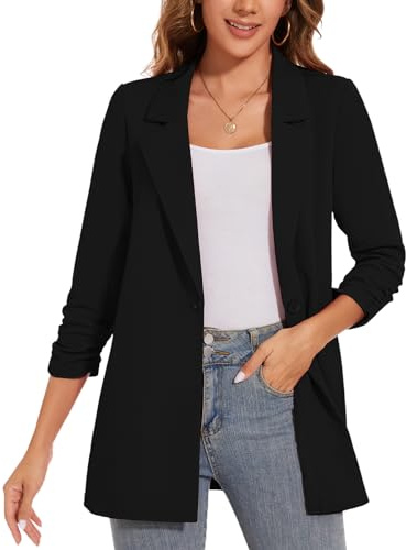 LADI TREND Womens Lapel Suit Jacket Casual Long Sleeve Blazer Office Work Mid Length (Black，XL)