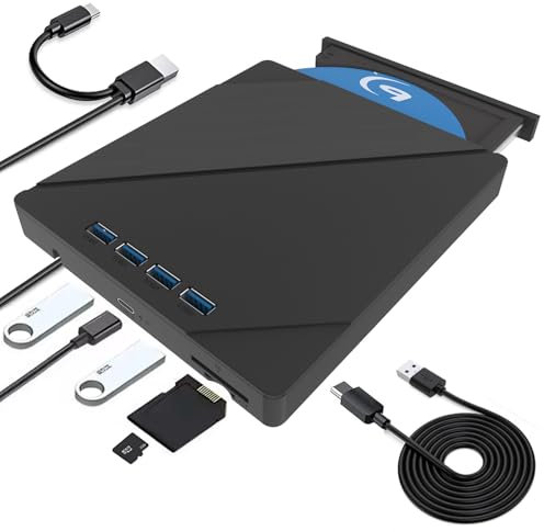 Custom Catch Lecteur Blu-Ray Externe, USB 3.0 Type-C 7en1 Portable Lecteur Blu Ray Externe, Lecteur DVD/BD Graveur Blu Ray avec 3D CD DVD Graveur Optical Bluray Drive pour PC Windows 11 10 8 7