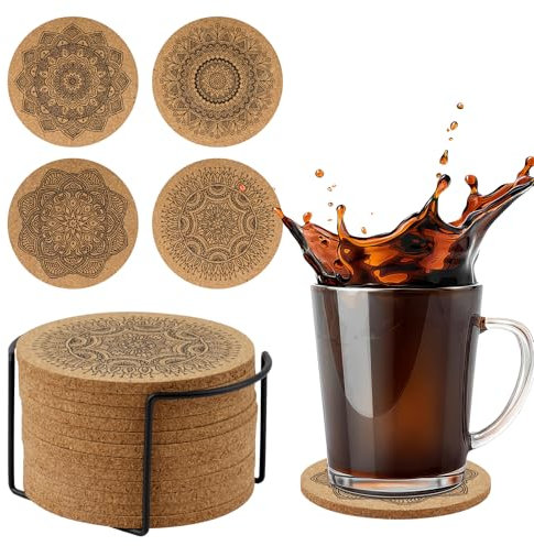 Sottobicchieri in sughero, 12 pezzi, rotondi, sottobicchieri per bicchieri, sottobicchieri riutilizzabili, resistenti al calore, lavabili per bevande, tazze, vetro (10 x 10 cm)