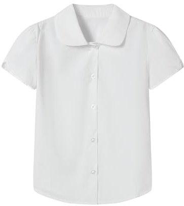 Mud Kingdom School Shirts Girls Short Sleeve Uniform for Big Girl Peter Pan Collar Shirt Solid Non Iron White 9-10 Years