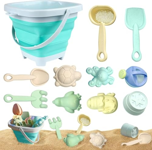 Neuytiky Giochi Spiaggia Bambini | 11 Pezzi con Secchiello Pieghevole & Formine | Giochi Spiaggia Bambini 1 Anno | Sabbia & Acqua | Set Spiaggia Bambino (Colori Vivaci)