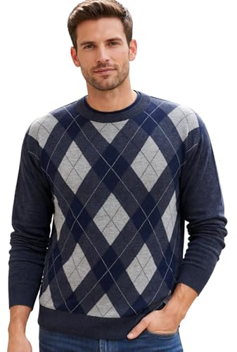 Maan Store Men's Crew Neck Jumper Long Sleeve Pullover Sweater Round Neck Knitwear Casual Diamond Jumper Navy Mix/M