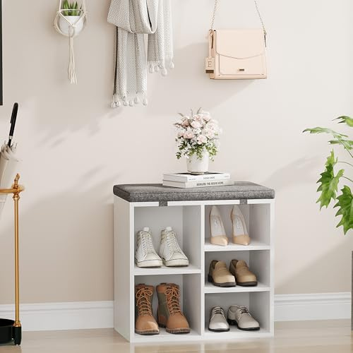 Sunvasagoo Shoe Bench with Padded Seat, 20'' Shoe Storage Bench with Adjustable Shelves & Side Pockets, 5 Cubes Storage Organizer for Entryway, Porch, Mudroom, Hallway(20''x12''x21''), White