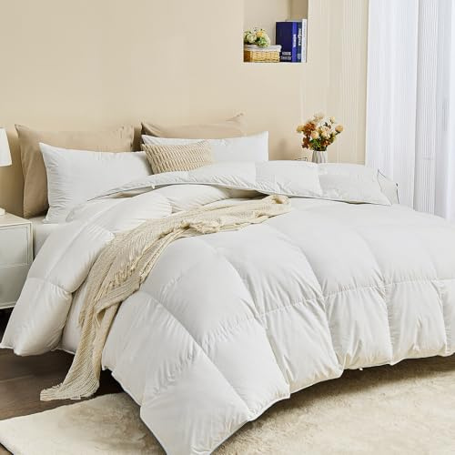 Oaken-Cat Luxury Down Feather Fiber Comforter Queen Size - Ultra-Soft Egyptian Cotton Blend Cover, Fluffy High Fill-Power All Season Hotel Duvet Insert(90x90 inch, White)