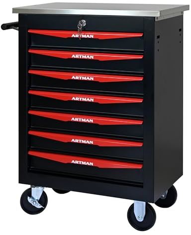 Aokleo 7 Drawers Rolling Tool Box on Wheels, Stainless Steel Countertop Tool Chest Cabinet with Lock, Drawers Rolling Tool Cart Trolley Organizer Tool Case for Garage,Warehouse (Black&Red)