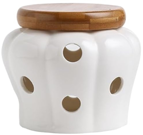 Licsaliwe Guardián de ajo de cerámica, olla de ajo ventilada con tapa, almacenamiento de encimera para cebolla Organizador de cocina de jengibre/4x4 pulgadas