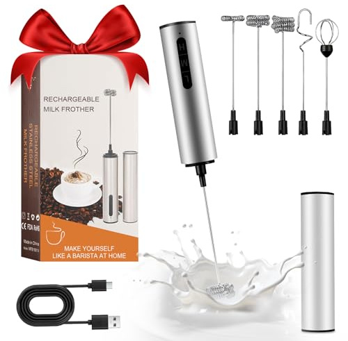 Espumador de Leche Eléctrico USB Recargable, Mini Batidora de Mano con 5 Cabezales Intercambiables y 3 Velocidades, Acero Inoxidable para Café Latte, Cappuccino y Huevos