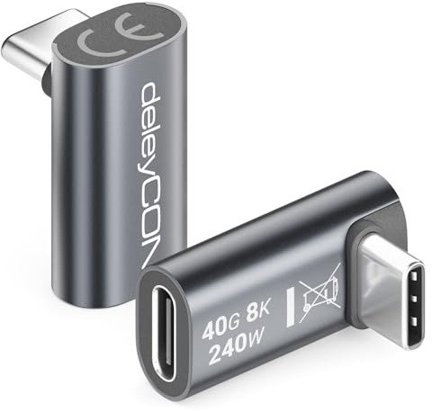 deleyCON USB-C-Adapter 90° Vinkel (2 St) 40 Gbps, 240 W, 8K60 Hz, USB 4.0, Aluminiumhölje, USB-C-Hane till Hona för Smartphone, Surfplatta, Laptop, Notebook, MacBook, PS5 m.m.