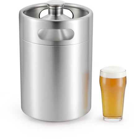5 Liter Beer Keg 304 Stainless Steel Beer Barrel Growler Keg Portable Beer with Spiral Cover Lid Supplies Holds for Home Brewing, Crafting Hotel Camping Picnic and Barrel Beer with Cooling