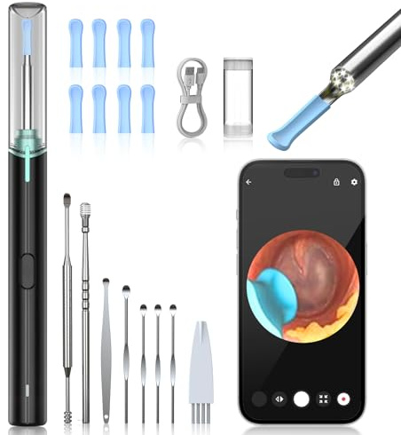 AZHE Pulizia Orecchie Otoscopio, Pulitore Orecchie 1920P HD E Connessione Wifi, Pulisci Orecchie Con 6 LED, IP67 Impermeabile, Compatibile Con iPhone/iPad/Android (Nero)