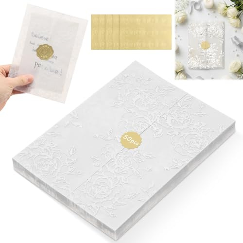 50Pcs Vellum Jackets for Invitations, Wildflower Vellum Paper Sleeves with Sealing Stickers, Pre Folded Translucent Vellums Paper Wrap Jacket for 18x13cm/5x7 inch Cards for Bridal Birthday Party