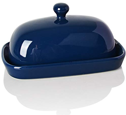 Sweejar Ceramic Butter Dish with Lid for Countertop,Porcelain Butter Keeper with Knob Handle,Butter Container for East/West Coast Butter, 7.1*3.7 inches (Navy)