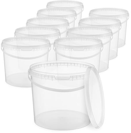 BenBow Eimer mit Deckel 5l transparent 10x 5 Liter - lebensmittelecht, stabil, luftdicht - Plastikeimer mit Henkel - leer
