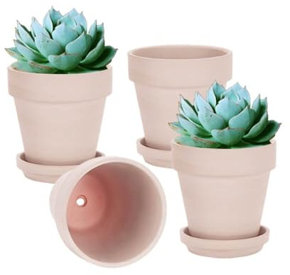 vensovo 15CM Pink Terracotta & Clay Pots for Plant with Saucer - 4 Pack Medium Terra Cotta Planter with Drainage Hole, Flowerpot for Indoor Outdoor Plants, Crafts, Wedding Favor