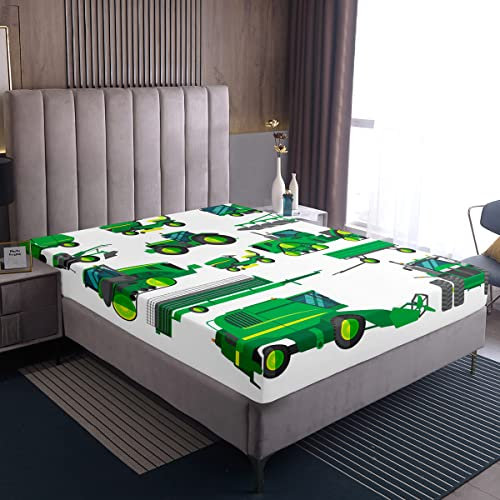 Kinderauto Spannbetttuch 90x200cm Karikatur Bagger BAU LKW Spannbettlaken Für Jungen Kinder Schwere Maschinen Fahrzeuge Bettlaken Set Schlafzimmer Dekor Grün Weiß Boxspringbett Bettlaken