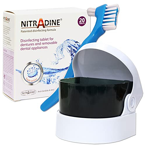 Nitradine, Sonic Cleaner & Denture Brush - 20 Tablets for Cleaning & Disinfecting (Blue Brush, 2 AA Batteries Included)