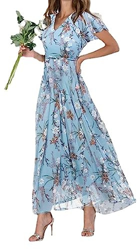 tinetill Abito Portafoglio Abito Donna Abito Lungo in Chiffon Elegante Estivo con Volant Abito Floreale Maniche Corte Abito Spiaggia Abito Sera Vita Alta con Scollo V Abito Cocktail