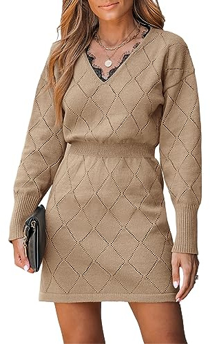 CUPSHE Abito da donna a maglia con scollo a V, inserto in pizzo, a maniche lunghe, a pois, marrone, M