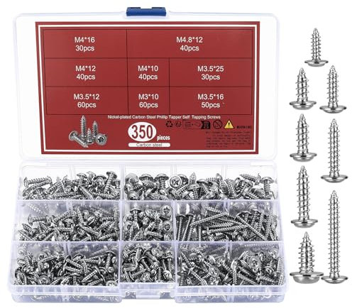 qxayxa Vis Autotaraudeuses, 350 Pièces Vis à Bois à Tête Plate Croisée, Vis Autoperceuses avec Rondelles, Vis Autoforeuse, Vis Tête Ronde, Vis à Tôle Cruciforme pour Bois, M3, M3,5, M4, M4,8