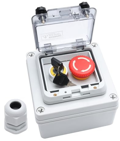 kerwinn Button Box Red Emergency Stop+Key Switch Button Switch with Protective Cover IP67 Outdoor Waterproof Anti-misoperation Switch Button Switch Station Box