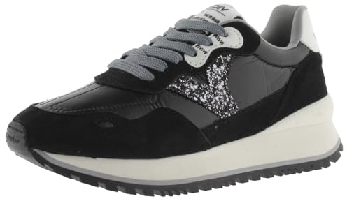 Victoria Basket Basse Viento Nylon Métallisé & Logo Pailleté & Pièces en Croûte De Cuir Assorties & Semelle Crantée 1157102 pour Femme Negro 37