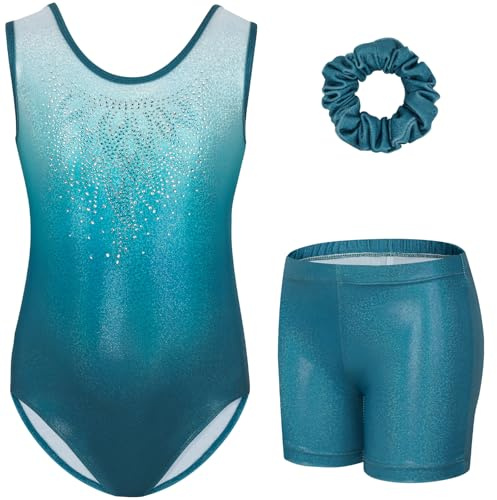 Gogokids Tredelade gymnastiktrikåer för flickor, set med ärmlös trikå, shorts och hårband, glittrande balettdräkter, dansdräkter, gymnastikdräkt med tonad färgdesign, för 3–12 år