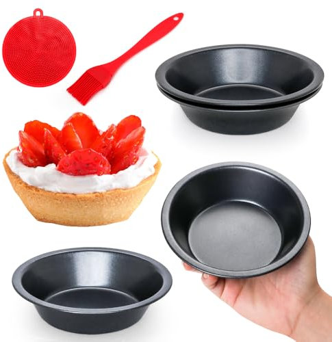 Quyimy Individual Pie Dish, Mini Quiche Tin Tart Tins Set of 4, 12 cm Round Pie Tins Quiche Dish, Carbon Steel Non Stick Small Pudding Pie Tin Dish for Oven Baking with Oil Brush&Silicone Scrubber