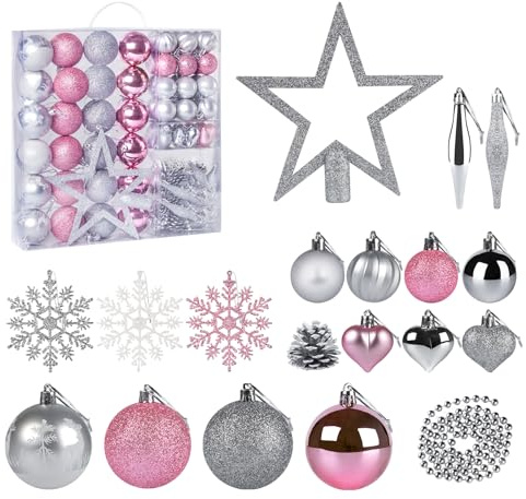 Truevaste Weihnachtskugeln, 79er Set Christbaumkugeln Kunststoff, Mit Baumkronensterne, Weihnachtsbaumkugeln für Christbaumschmuck, Enthält viele Stile, Rosa und Silber