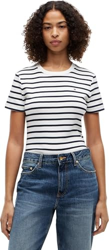 Tommy Hilfiger Donna T-Shirt Maniche Corte Slim Cody Scollo Rotondo, Multicolore (Breton/ECU/Dark Night Navy), L