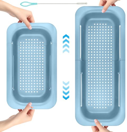 Sink Strainer Basket Extendable Over The Sink Colander Strainer Basket Sink Drain Basket Multi-Functional Collapsible Colander for Draining Pasta Vegetables Fruits(7.9 W × 13.4-19.5 L × 2.75 H)- Blue
