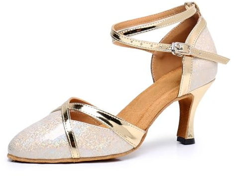 SWDZM Womens Closed Toe Latin Dance Shoes Ballroom Salsa Tango Party Practice Dance Heels,Heel 3,Gold,8 UK