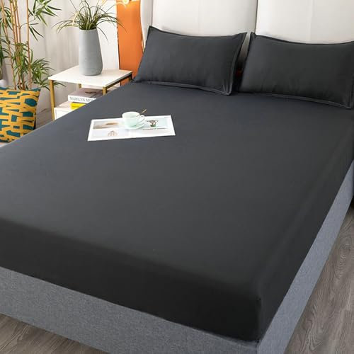 Epinki Betthusse & 2er Kissenbezüge 150x200cm Set Deko, Bettlaken Hochzeit Einfarbig Schwarz Matratzenschutz, Polyester Baumwolle Tagesdecken für Boxspringbett & Wasserbett
