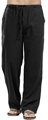 Aro Lora Pantaloni Lino Uomo Estivi Pantaloni Casual da Spiaggia Leggeri con Coulisse Nero 4XL