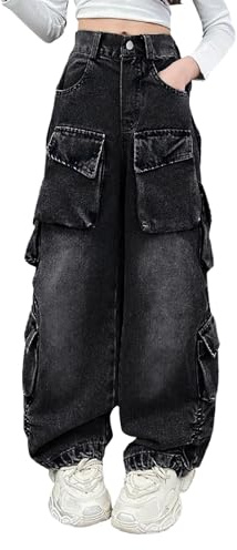 Jean Cargo Baggy Ado Fille Y2K 4-14 Ans Pantalon Jambe Large Fluide Fille avec Poche Vintage Ample Pas Cher Confortable Mignon Casual Sport Streetwear (Noir, 6-7 Years)